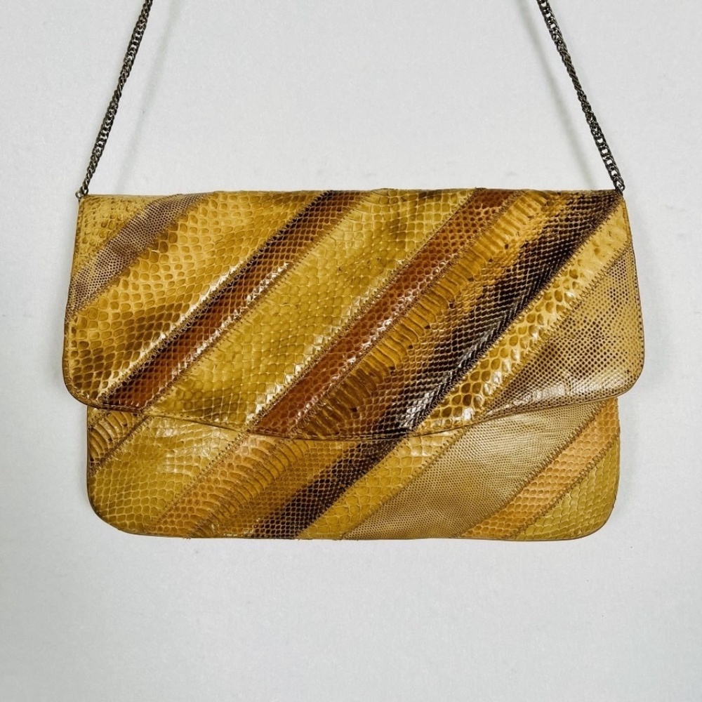 Vintage BAGS BY VARON Snakeskin Print Brown Leather Shoulder Bag Clutch